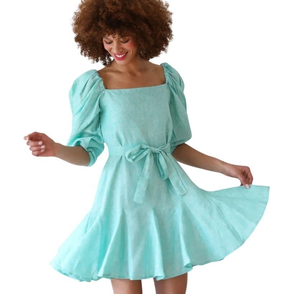 MSRP $280 Mille Anais Puffed Sleeve Green Stripe Linen Flare Mini Dress L Resort
